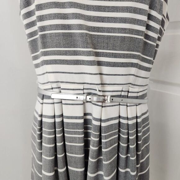 Calvin Klein Dress Womens 12 Gray Striped Career Belted Lined Knee Length Pleats - Picture 3 of 14